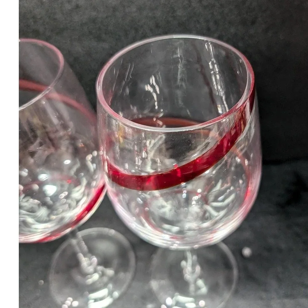 Pier 1 Red Swirline Wine Glasses, Set‎ Of 2, Vintage Clear Stemware, Replacement
